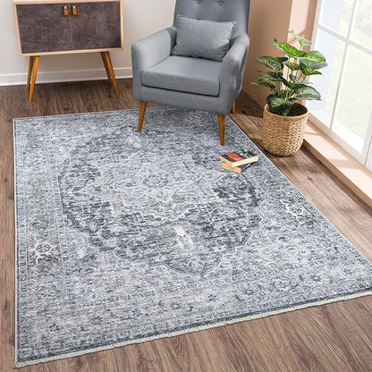 Bloom Rugs Caria Washable Non-Slip 8x10 Rug - Gray/Dark Blue Traditional Area Rug for Living Room, Bedroom, Dining Room, and Kitchen - Exact Size: 7'8" x 10'
