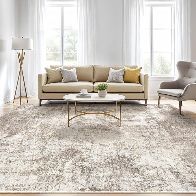 8x10 Area Rugs Living Room: Washable Large Abstract Soft Rug Stain Resistant Indoor Floor Non-Slip Accent Carpet for Women Modern Home Enthusiasts Aged- Bedroom Nursery Playroom- Beige Brown