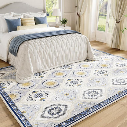 EnHomee Area Rugs 5x7, Soft Washable Rugs for Living Room Bedroom, Boho Non Slip Low Pile Stain Resistant Washable Rug Large Carpet for Dining Room,Easy to Clean Living Room Rug, Blue
