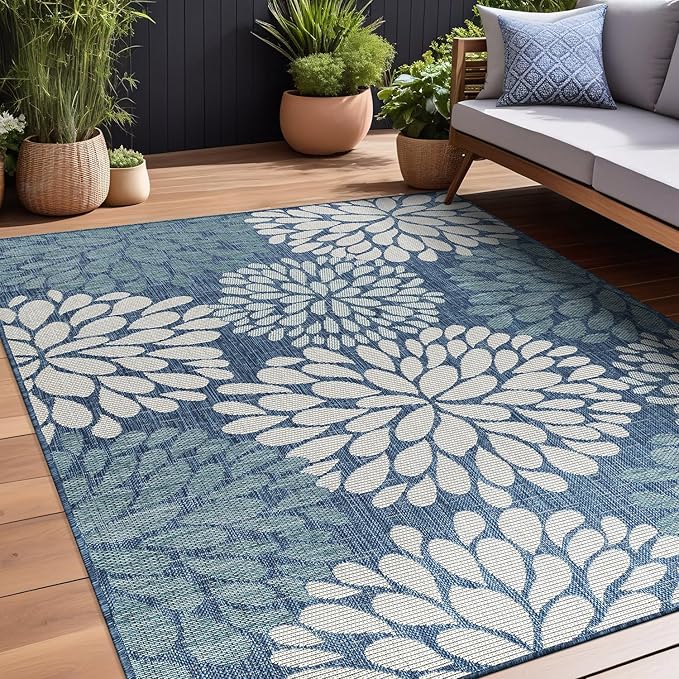 Beverly Rug Outdoor Rug 5x7 Modern Exotic Tropical Leaf Area Rugs for Indoor and Outdoor Patio Deck Porch Garden Water Resistant Washable Outside Carpet (5 x 7 Blue)