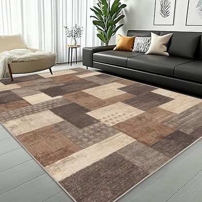 Modern Geometric Patchwork Indoor Area Rug for Living Room, Beige 9'x 12' Large Rug Rockwood Collection Hardwood Floors Decor for Bedroom, Beige Throw Carpet for Office Entryway Dining Room