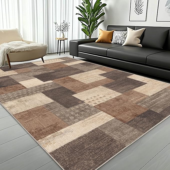 Modern Geometric Patchwork Indoor Area Rug for Living Room, Beige 5'x 7' Large Rug Rockwood Collection Hardwood Floors Decor for Bedroom, Beige Throw Carpet for Office Entryway Dining Room