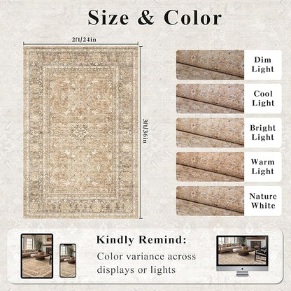 HelloTree 2x3 Entryway Rug Washable Vintage Print Door Mat Kitchen Rugs for Front Door Bedroom Living Room Entrance Small Soft Traditional Distressed Carpet Folable for Room Bedside-Khaki