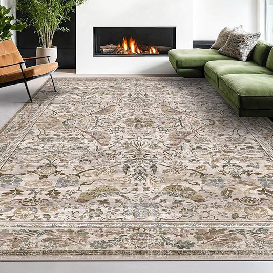 Boho 8x10 Area Rugs for Living Room - Washable Low Pile Soft Moss Floral Rug for Bedroom, Dining Room, Light Brown Taupe Low Pile Soft Carpet, Vintage Indoor Décor