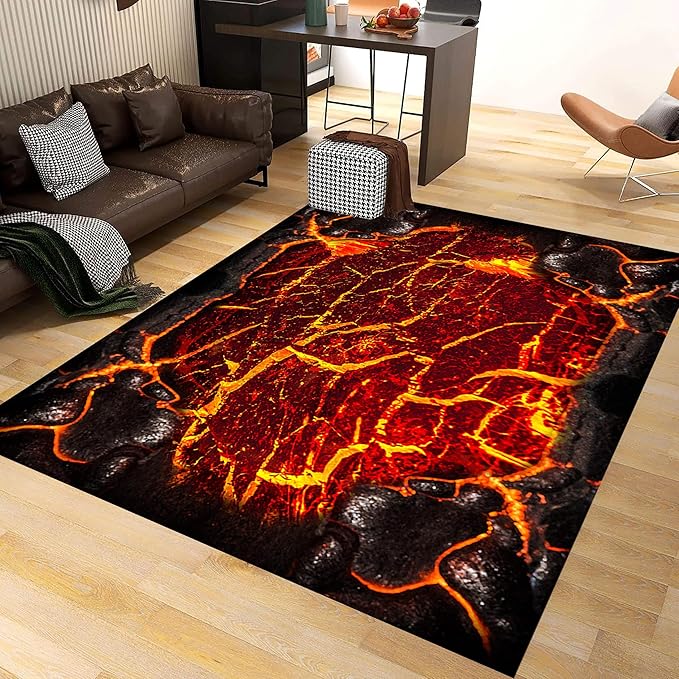 Visual Illusion Lava Area Rug, 4x6ft, 3D Red Flame Volcanic Rock Carpet for Living Room, Fade Resistant Absorbent Floor Mat, No Crease Foldable Soft Low Pile Rugs for Bedside Hallway