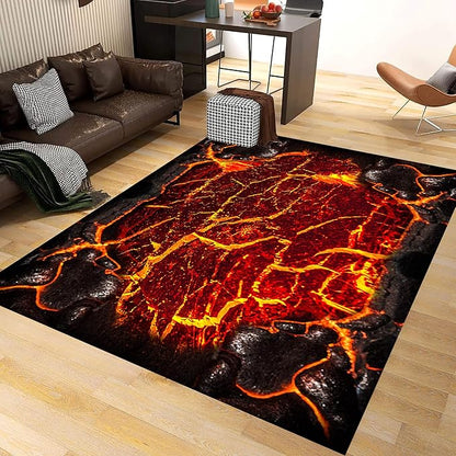 Visual Illusion Lava Area Rug, 4x6ft, 3D Red Flame Volcanic Rock Carpet for Living Room, Fade Resistant Absorbent Floor Mat, No Crease Foldable Soft Low Pile Rugs for Bedside Hallway