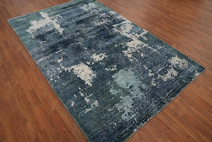 Rug Source Modern Collection, 5x8 Rug, Hand Knotted Navy Blue & Blues All-Over Rug, Oriental Viscose Silk Carpet for Foyer, Entryway and Hallway