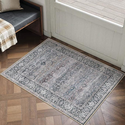 HUGEAR 2x3 Washable Area Rug Purple Small Entryway Rug Non Slip Vintage Neutral Distressed Carpet Soft Low Pile Pet Friendly for Bathroom Kitchen Hallway Porch
