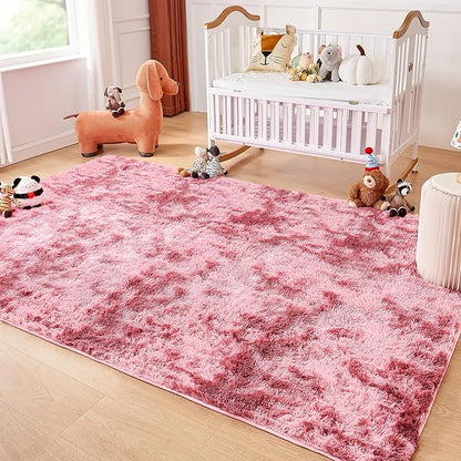 Andency Soft Area Rugs for Living Room Bedroom, 4x6 Fluffy Shaggy Bedside Rug, Non-Slip Large Shag Fuzzy Plush Carpets for Bedroom Kids Dorm Nursery Home Decor Aesthetic, Tie-Dyed Dark Red
