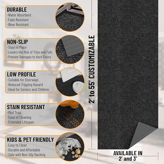 Ottomanson Commercial Scrape Rib Entry Mat – Heavy Duty Ribbed Floor Mat for High Traffic – Non Slip Rubber Back, Waterproof – Indoor Outdoor Use for Offices, Schools, Lobbies, 2' x 19', Black