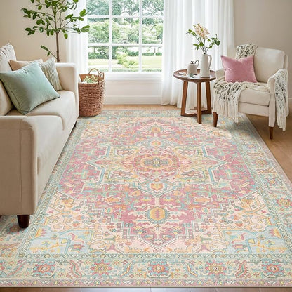 Kokia 5x7 Washable Area Rugs Pink Orange with Vintage Orient Design, Soft Rug for Living Room or Bedroom, Non-Slip Low Pile Stain Resistance Features, Distressed Medallion Pattern