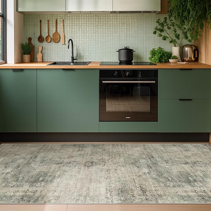 Moss Green 2'6"x8' Farmhouse Kitchen Rugs - 8ft Long Indoor Rugs for Entryway Non Slip, Washable Hallway Runners with Rubber Backing, Medallion Abstract Design Low Pile Stain Resistant Carpet