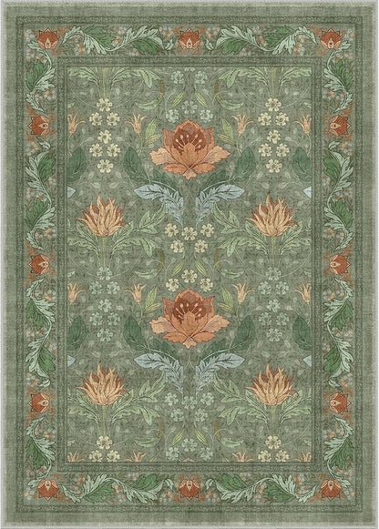 Bavni 5x7 Area Rugs for Living Room, Microfiber Machine Washable Non-Slip Vintage Floral Rug, Low Pile Lightweight Carpet for Bedroom, Dining Room, Home Office, Bean Green