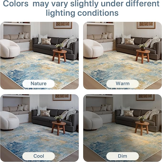 8x10 Area Rugs Washable Blue Rug for Living Room Bedroom, Abstract Modern Large Rug Non Slip, Water Repellent Low Pile Soft Carpet for Dining Room, Blue Ivory