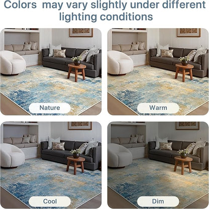 8x10 Area Rugs Washable Blue Rug for Living Room Bedroom, Abstract Modern Large Rug Non Slip, Water Repellent Low Pile Soft Carpet for Dining Room, Blue Ivory
