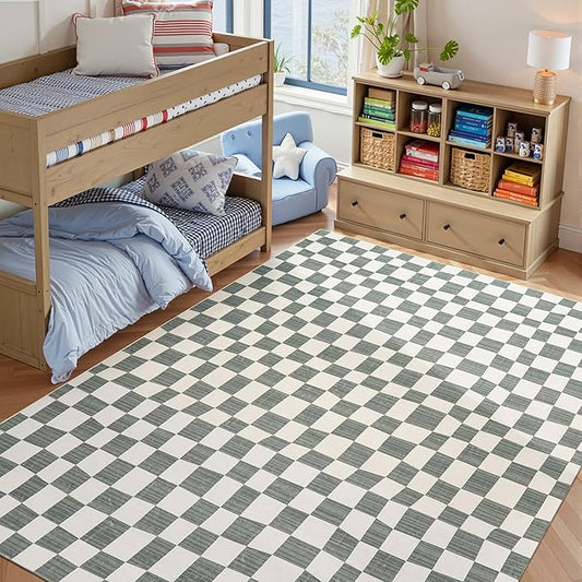jinchan 8x10 Checkered Area Rugs for Kids Room - Machine Washable Soft Rug Modern Geometric Lattice Non-Slip Carpet for Nursery Playroom Classroom Living Room Bedroom Dining Room Home Office Grey