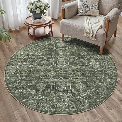 4ft Round Washable Area Rugs for Living Room, Vintage Boho Large Rug for Bedroom Dining Room Office, Distressed Floral Print Carpet for Under Table, Soft Non Slip Low Pile Throw Indoor Mat, Green