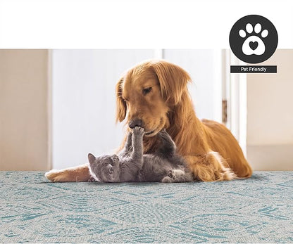 FH Home Flat Woven Outdoor Rug - Waterproof, Easy to Clean, Stain Resistant - Premium Polypropylene Yarn - Distressed Farmhouse - Patio, Deck, Porch, Balcony - Granada - Aqua - 3ft 11in x 5ft 6in