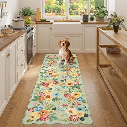 DUKINO 2x6 Runner Rug for Hallway, Washable Kitchen Rug with Non Slip Backing & Non-Shediing, Soft Low Pile Floral Design Runner for Bedroom, Kithchen, Living Room, Laundry, Bathroom, Green