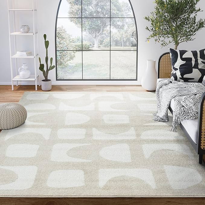 Abani Nuevo Collection Area Rug - Modern Geometric Beige/Cream Design - 7'9" x 10'2" - Easy to Clean - Durable for Kids & Pets - Non-Shedding - Medium Pile -Soft Feel - for Living Room Bedroom Office
