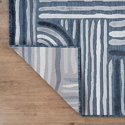 CAMILSON Indoor Outdoor Rug, Navy Blue 10x14 Geometric Arch Striped Large Area Rugs for Patio and Home Areas, Easy-Cleaning Non-Shedding Living Room, Garden and Deck Washable Outside Carpet 10 x 14