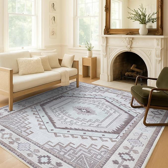 Fame Living Washable Area Rug. Modern Farmhouse. Vintage. Turkish. Bohemian. Distressed. Oriental. Traditional. Rugs for Living Room. Dining. Bedroom. Office. Entryway. Foyer. (856BrC, 5'9" x 8'9")