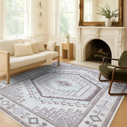 Fame Living Washable Area Rug. Modern Farmhouse. Vintage. Turkish. Bohemian. Distressed. Oriental. Traditional. Rugs for Living Room. Dining. Bedroom. Office. Entryway. Foyer. (856BrC, 9' x 12')