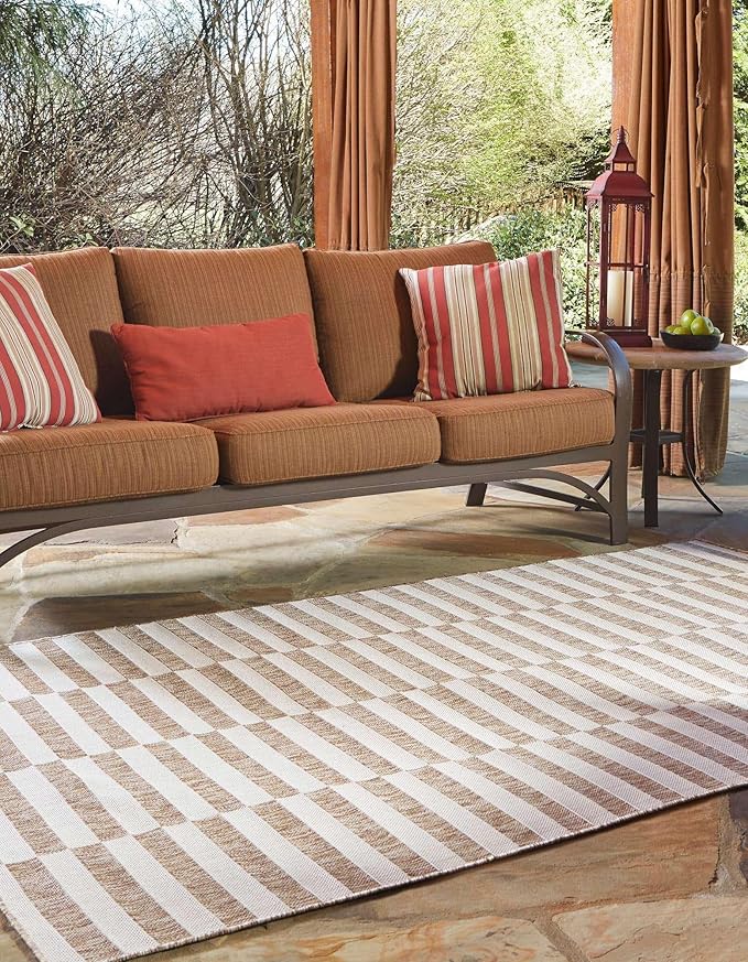 Unique Loom Outdoor Striped Collection Area Rug - Striped (10' x 13' 1" Rectangle Taupe/Ivory)