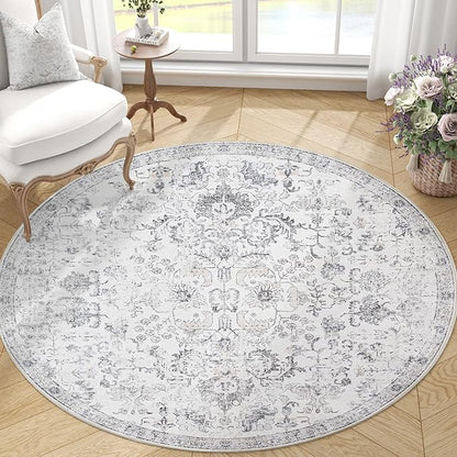 jinchan Kalen Round Rug 4ft Area Rug Washable Vintage Indoor Retro Entryway Floor Cover Distressed Gray Floral 4' Round Circle Boho Non Slip Thin Carpet for Bedroom Living Room Dining Room Grey