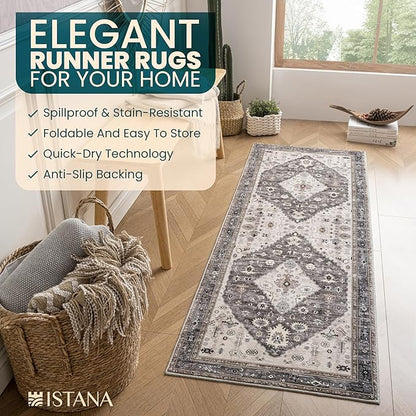 Istana Hallway Runner Rug 2x8 – Dark Grey Blue/Rose Mauve Entryway Rug -Silk's Soft Touch Runners for Hallways - Stylish Kitchen Runner Rug Non Slip