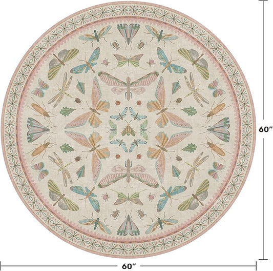 Insect Pink and Blue 5ft Round Area Rug for Living Room - Washable Floral Fun Boho Rugs for Playroom, Girls Bedroom Décor with Butterfly Pattern - Low Pile Soft Circle Carpet
