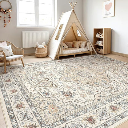 5x8Ft Area Rug Living Room: Washable Boho Large Neutral Vintage Soft Rugs Stain Resistant Farmhouse Non Slip Indoor Floor Carpet for Bedroom Nursery Kids Playroom Office Dining Room- Cream Blue