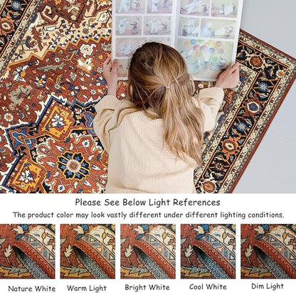 Moynesa Ultra-Thin Washable Oriental Area Rug - 5x7 Large Living Room Rug, Non-Slip Non-Shedding Stain Resistance Low Pile Playroom Mat Indoor Floor Carpet for Bedroom Nursery, Brown/Multi