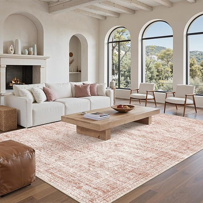 5x7 Area Rugs Pink Low Pile Indoor Washable Trendy Faded Style Rugs for Bedroom Living Room Dining Room Foldable Non-Slip Thin Print Mat