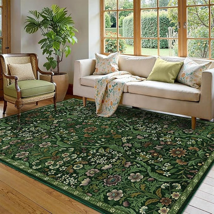 Floral Washable 6x9 Area Rug，Dark Green Boho Rugs for Living Room, Soft Low-Pile Non-Slip Stain Resistant & Non-Shedding Carpet for Bedroom, Dining Room, Office, Entryway, Nursery