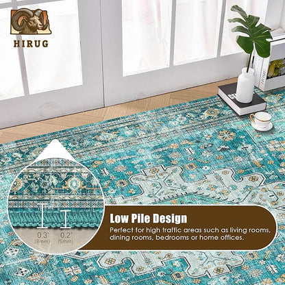 Washable Area Rug 5' x 7' Vintage Traditional Persian Mat - Foldable Distressed Non-Slip Machine Washable Carpet for Living Room Bedroom Kitchen Home Decor - Teal and Gold