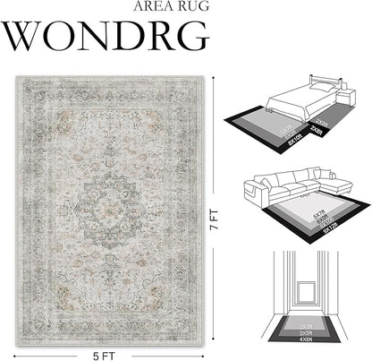 8x10 Washable Vintage Area Rug for Living Room Bedroom Soft Tranditional Non Slip Large Throw Rug Lightweight Floral Low Pile Distressed Carpet Office Playroom Dining Room