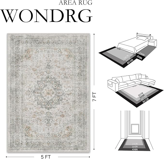 6x9 Washable Vintage Area Rug for Living Room Bedroom Soft Tranditional Non Slip Large Throw Rug Lightweight Floral Low Pile Distressed Carpet Office Playroom Dinning Laundry Room