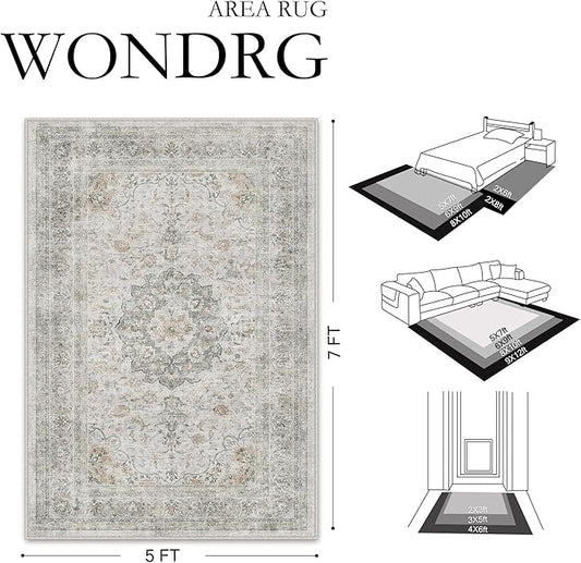 5x7 Washable Vintage Area Rug for Living Room Bedroom Soft Tranditional Non Slip Large Throw Rug Lightweight Floral Low Pile Distressed Carpet Laundry Dining Room Kitchen Office
