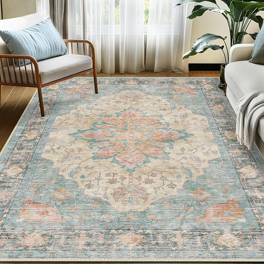 Area Rugs 6'x9' Washable Non-Slip, Floral Vintage Distress Print Pattern Medallion Carpet for Living Room Bedroom Dining Room, Blue Orange Red