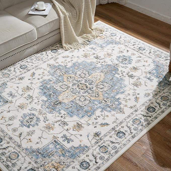 jinchan Area Rug 5x7 Vintage Washable Bedroom Rug Floral Medallion Lightweight Non Slip Thin Retro Classic Soft Boho Floor Cover Farmhouse Carpet for Living Room Dining Room Kitchen Blue