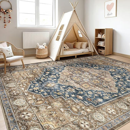 9x12 Area Rug Living Room: Washable Boho Large Neutral Vintage Soft Rugs Stain Resistant Farmhouse Non-Slip Indoor Floor Carpet for Bedroom Nursery Kids Office Dining Room Playroom- Yellow Blue