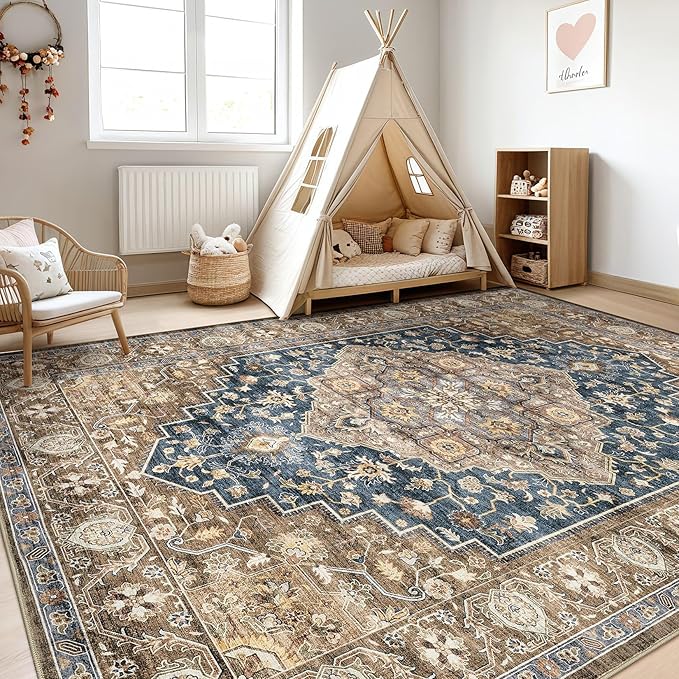 8x10 Area Rugs Living Room: Washable Boho Large Neutral Vintage Soft Rug Stain Resistant Farmhouse Non-Slip Indoor Floor Carpet for Bedroom Nursery Kids Office Dining Room Playroom- Yellow Blue