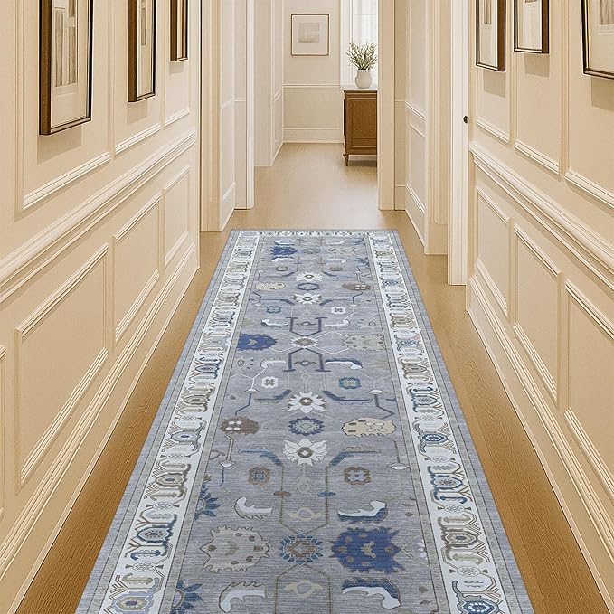 Fame Living Grey Oushak Rug, Modern Rugs, Vintage, Turkish, Eclectic, Floral, Pastel, Washable, Small Throw, Accent Area Rug for Living Room, Bedroom, Kitchen, Bathroom, 2'5"x4'9