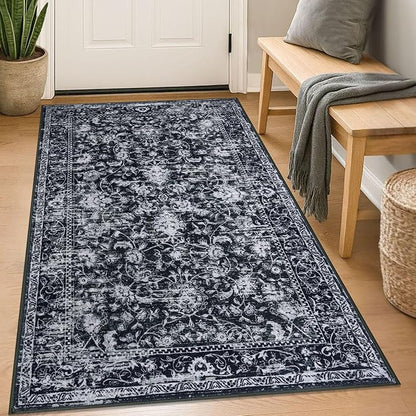 KILOCOCO Area Rug 3x5 Entryway Rug Washable Printed Vintage Floral Rubber Backed Non Slip Indoor Kitchen Rugs for Living Room Laundry Room Playroom Mudroom Moroccan Area Rugs, Black/Navy/White