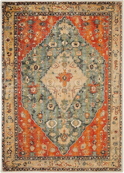COMSLE Boho Area Rug, 4' x 6' Machine Washable Rugs for Entryway Faux Wool Large Rugs Distressed Throw Rug Non-Slip Floor Carpet for Indoor Bedroom Kitchen Living Room