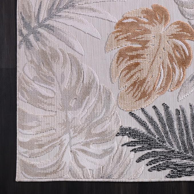 CAMILSON Indoor Outdoor Rug, Yellow 5x7 Leaf Tropical Botanical Area Rugs for Indoor and Outdoor patios, Easy-Cleaning Non-Shedding Living Room, Garden and Kitchen Washable Outside Carpet (5 x 7)