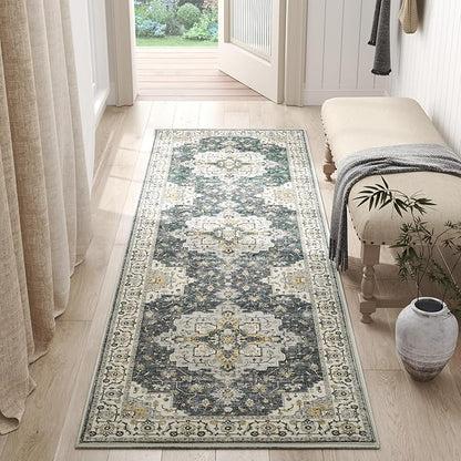 jinchan Runner Rug 2x5 Vintage Hallway Rug Boho Washable Runner Floral Medallion Retro Lightweight Non Slip Classic Thin Soft Carpet for Kitchen Bedroom Bathroom Laundry Room Doorway Grey