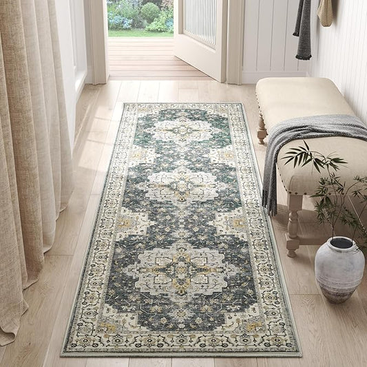 jinchan Runner Rug 3x10 Vintage Hallway Runner Boho Washable Rug Floral Medallion Retro Non Slip Classic Thin Soft Carpet for Kitchen Bedroom Bathroom Laundry Room Doorway Grey