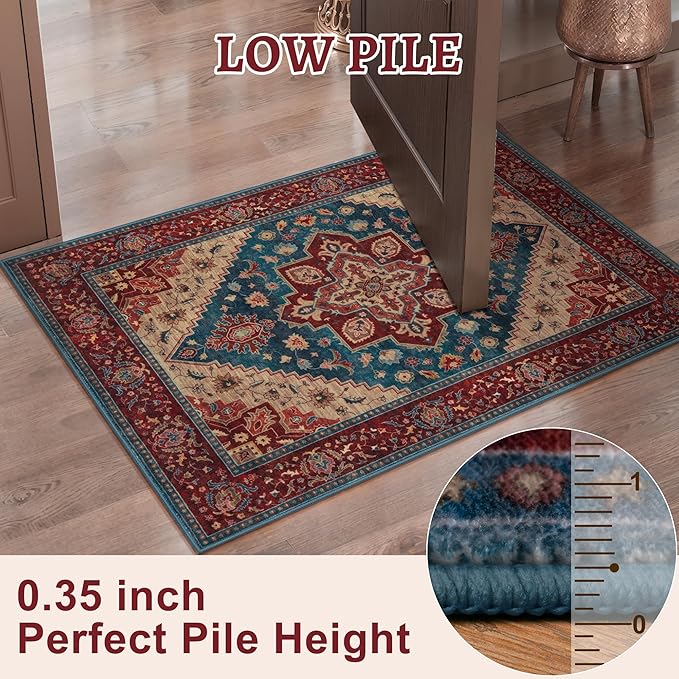 Tangsoo 2x6 Washable Runner Rug for Hallways, Non Slip Vintage Runner Rug, Soft Boho Low Pile Long Rug Runner, Print Distressed Red Carpet Runners for Kitchen Bedroom Entryway Living Room Oriental